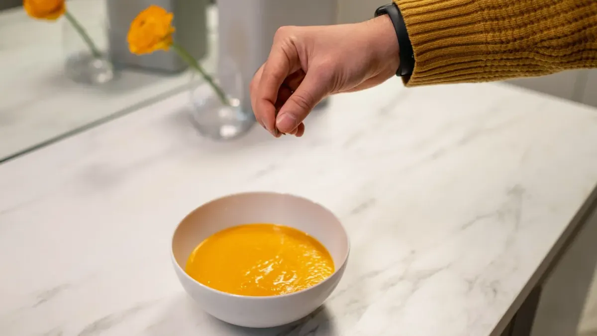 A dog eating a meal mixed with pumpkin and vegetables in a home kitchen