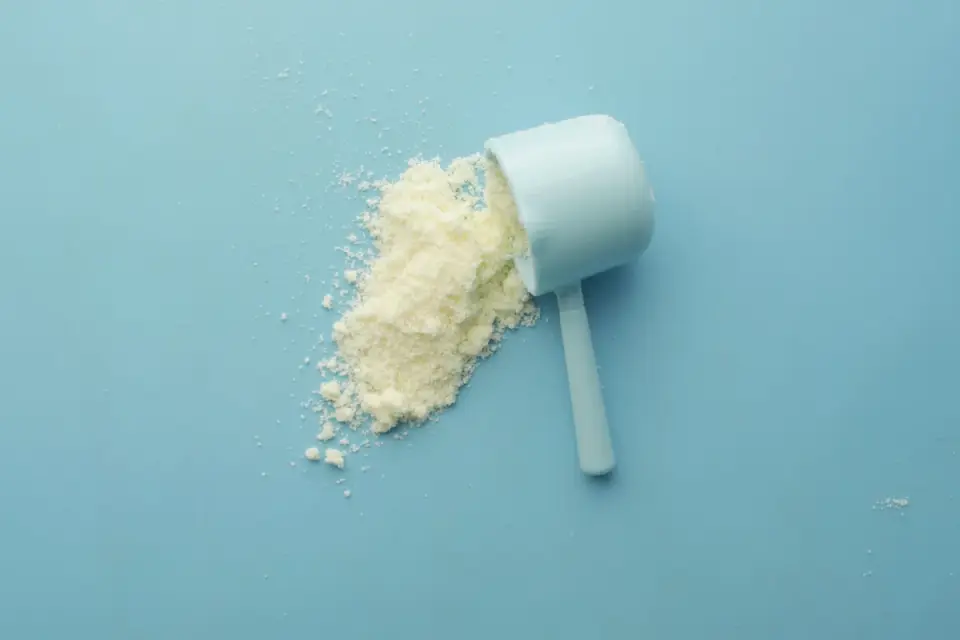 A scoop of powdered supplement being added to a dog&#x27;s food bowl