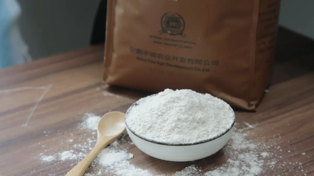 A small bowl of slippery elm bark powder beside a wooden measuring spoon