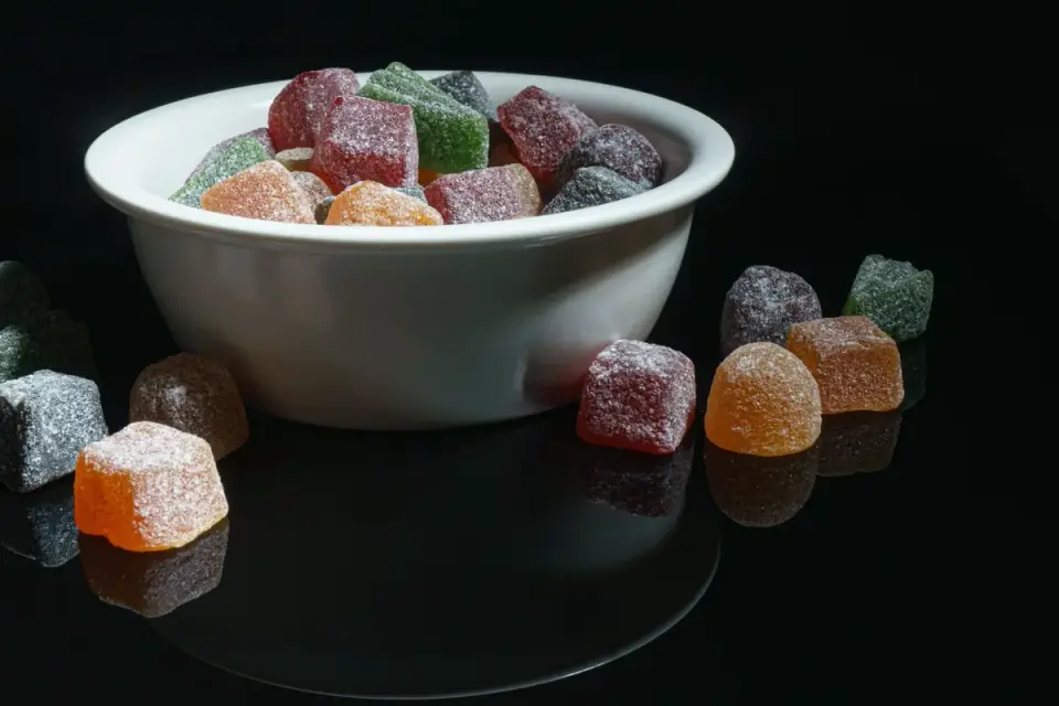 A small bowl of soft chew supplement treats formulated for dogs