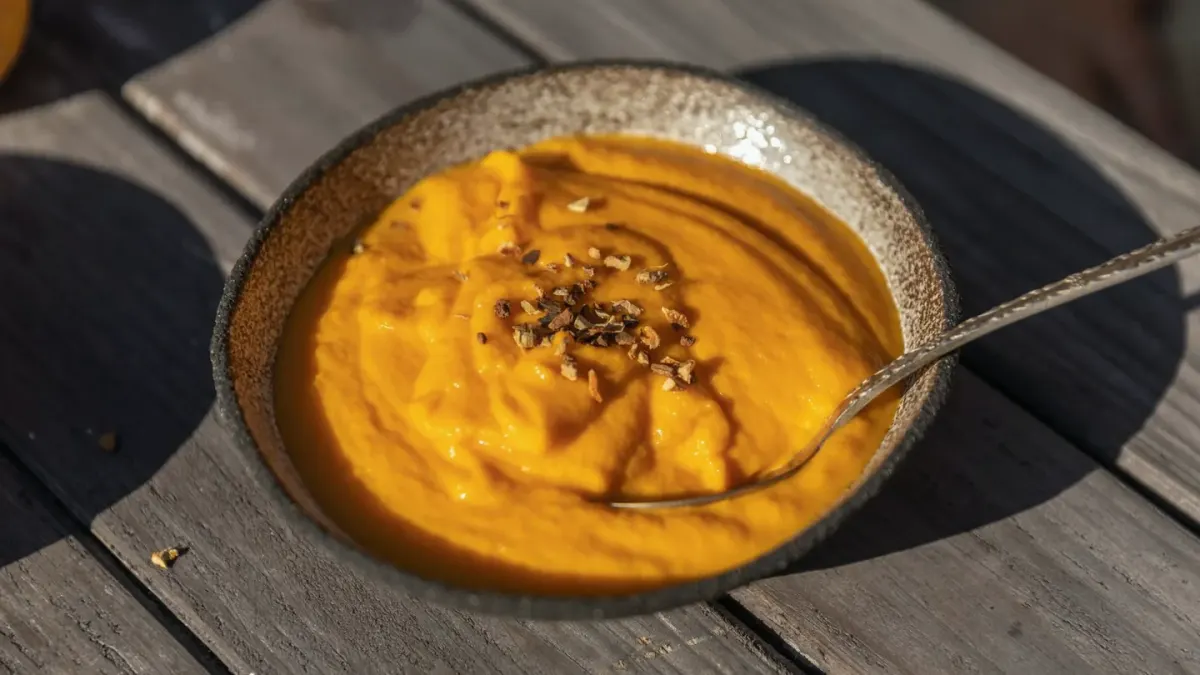 A spoonful of pumpkin puree beside a stainless dog bowl of kibble