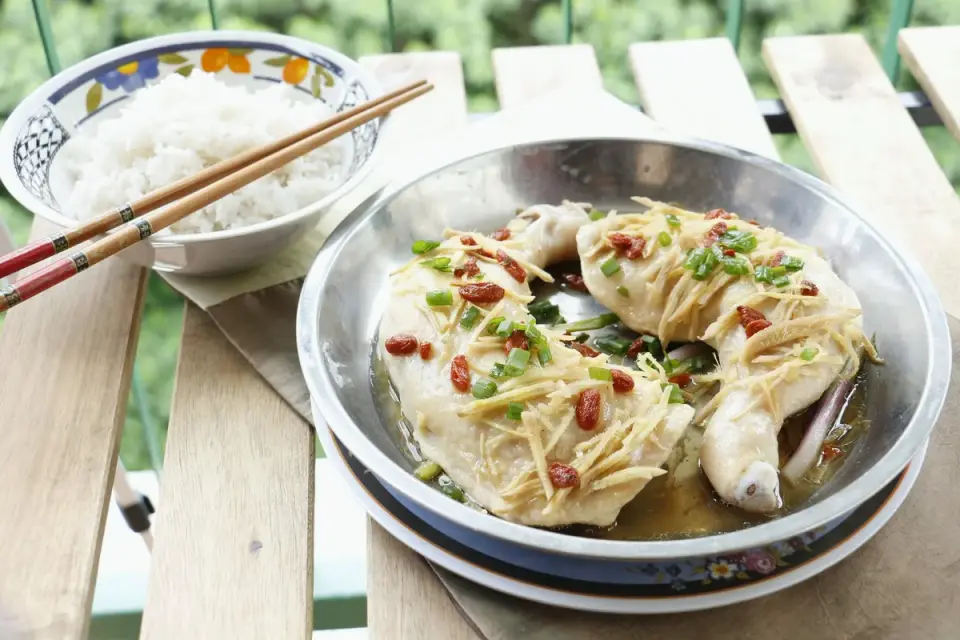 Bowl of boiled chicken and white rice prepared for a dog