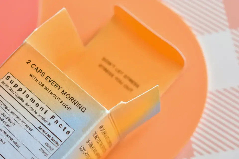 Close-up of a supplement label showing ingredient list and serving size