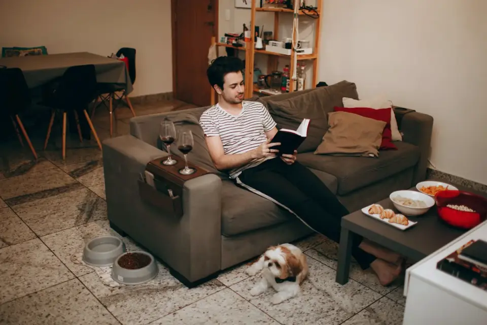 Dog eating from a bowl at home