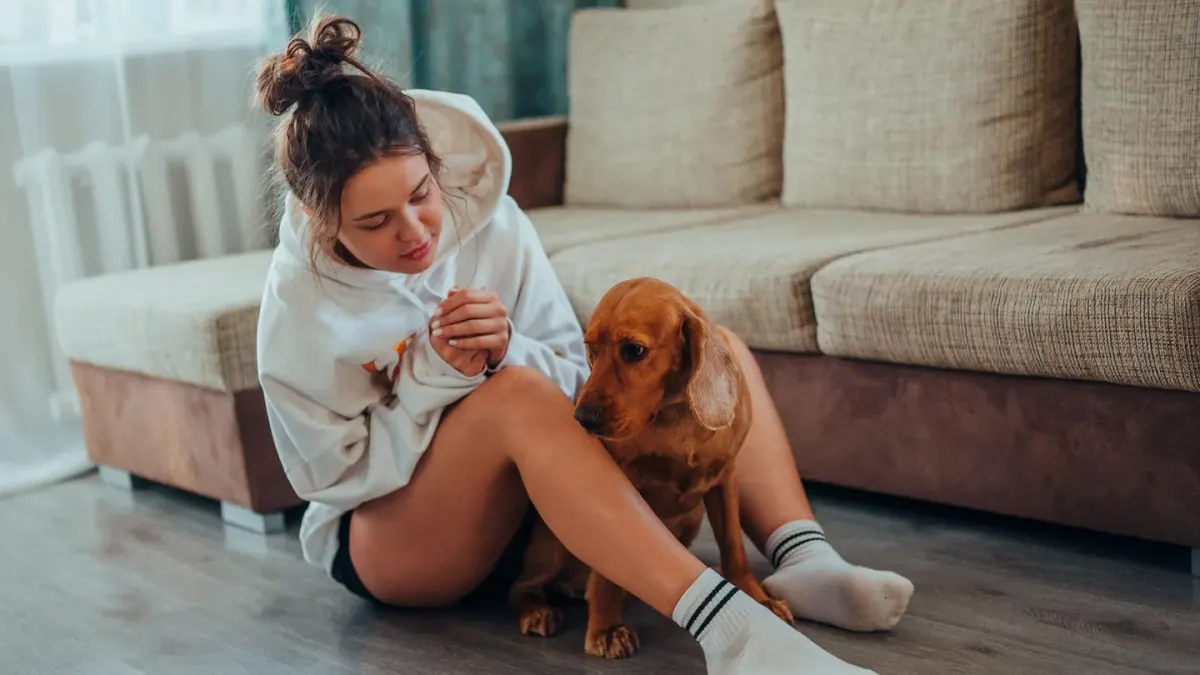 Young woman sitting with her dog near a sofa at home